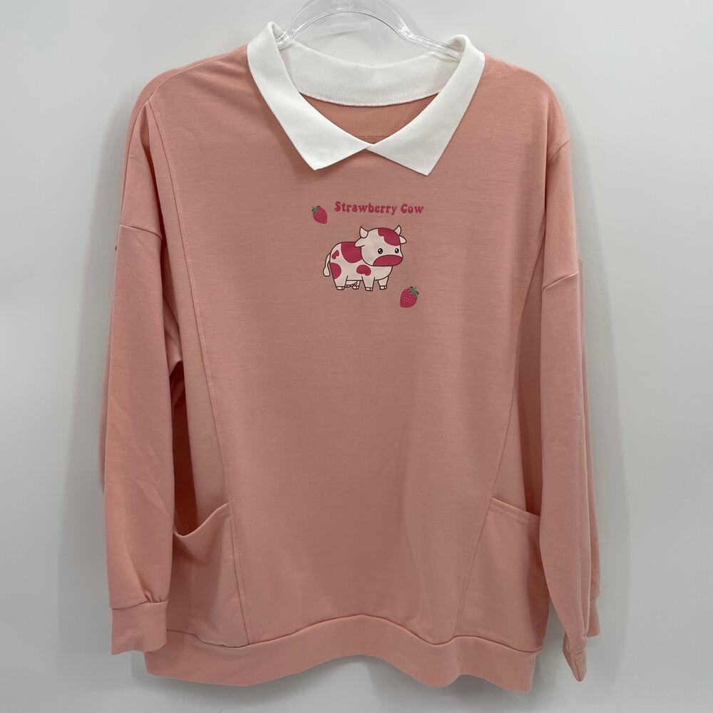 Boutique Strawberry Cow Collared Knit Top Womens Size XL Pink Kawaii Long Sleeve